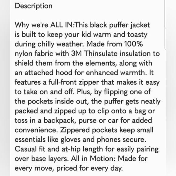 Kids' Packable Puffer Jacket with 3M Thinsulate Insulation - All in Motion - Picture 7 of 8
